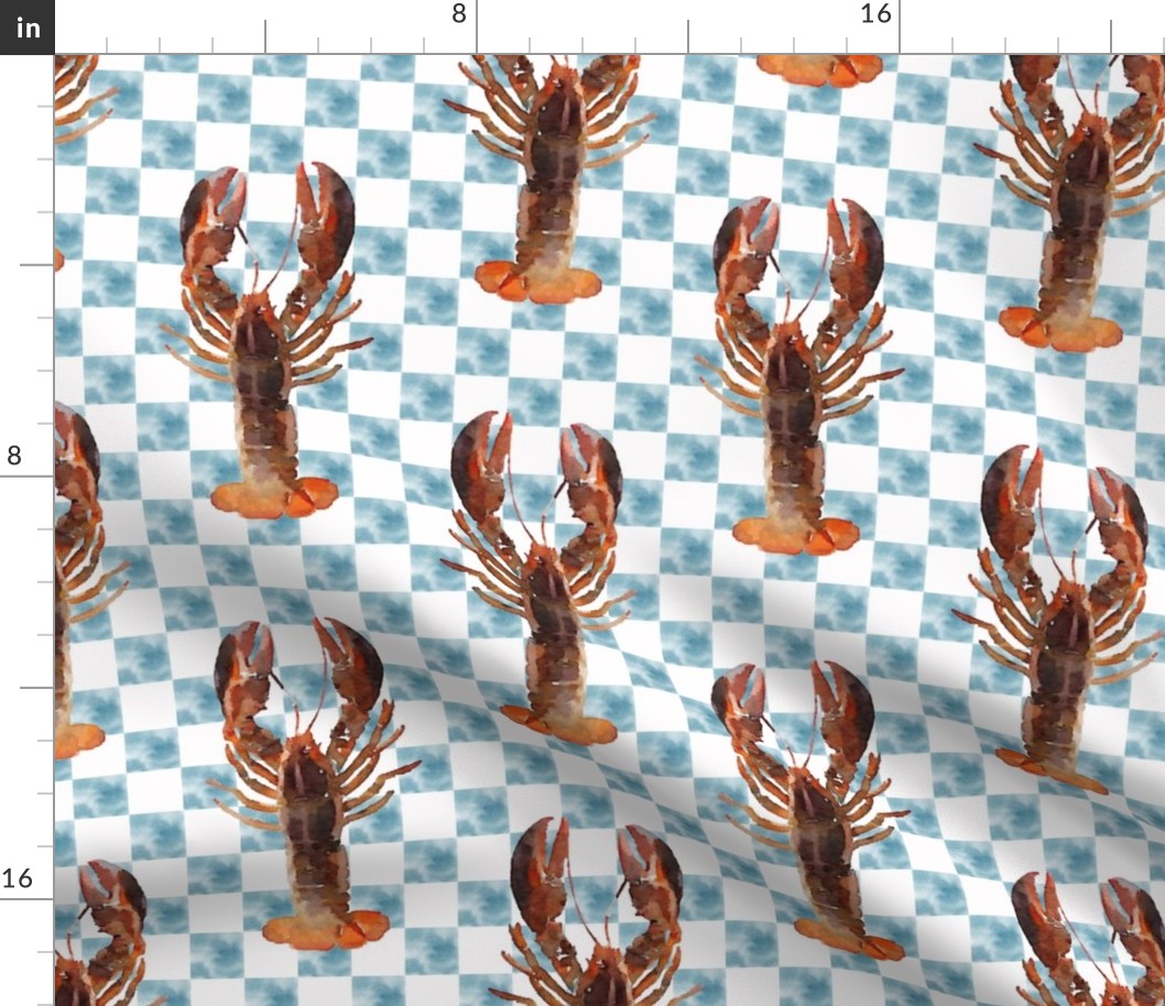 Watercolor Lobsters on Blue Checked Background