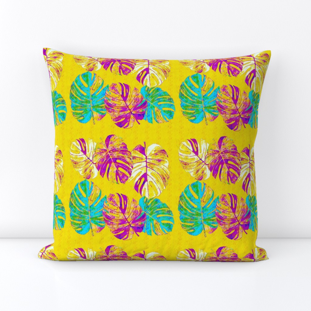 Watercolor multicoloured monstera leaves on yellow textured background