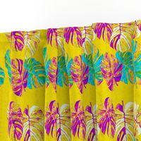 Watercolor multicoloured monstera leaves on yellow textured background