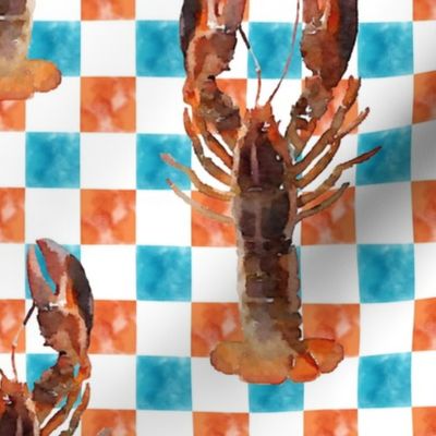 Watercolor Lobsters on checked blue and orange