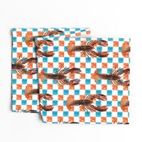 Watercolor Lobsters on checked blue and orange