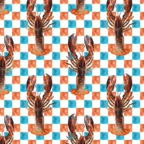 Watercolor Lobsters on checked blue and orange