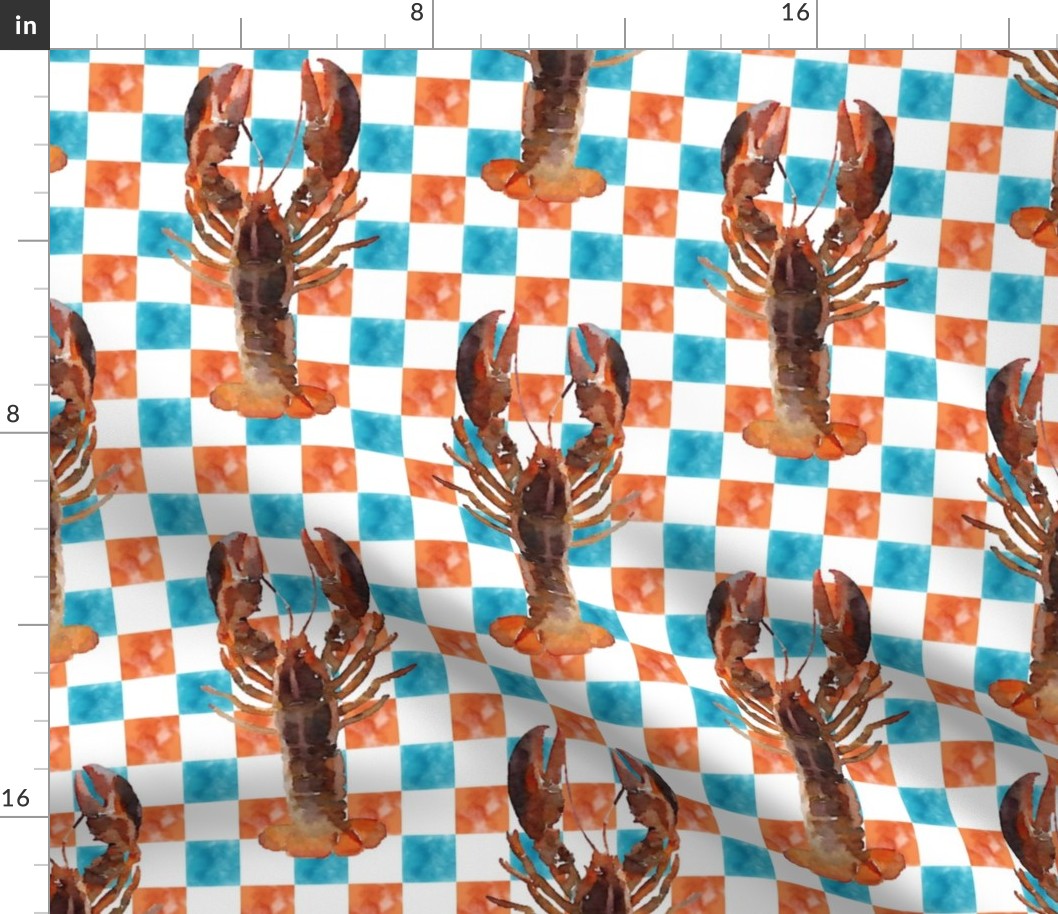 Watercolor Lobsters on checked blue and orange