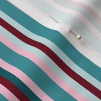 JP1 - Variegated Narrow Stripes of Burgundy Red, Pastel Pink and Tones of Aquamarine