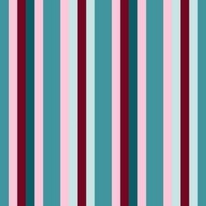 JP1 - Variegated Narrow Stripes of Burgundy Red, Pastel Pink and Tones of Aquamarine
