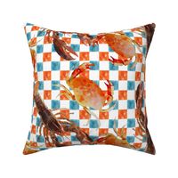 Lobsters & Crabs on Orange & Blue checked background