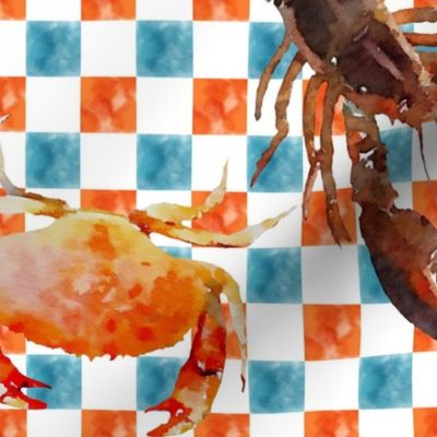 Lobsters & Crabs on Orange & Blue checked background