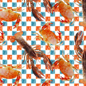 Lobsters & Crabs on Orange & Blue checked background