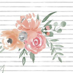 "Soft Bouquets" on Gray Stripes - Watercolor Floral