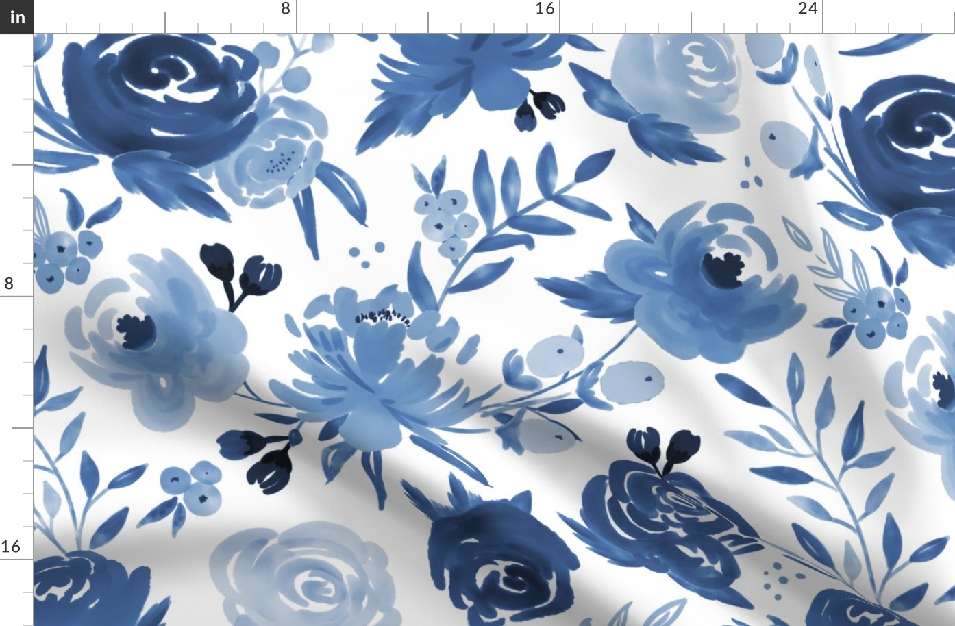 Large Monochrome Blue Watercolor Floral