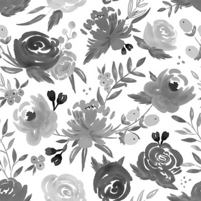 Black and White Monochrome Watercolor Floral