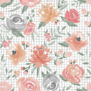 Soft Watercolor Floral on Small Gray Grid