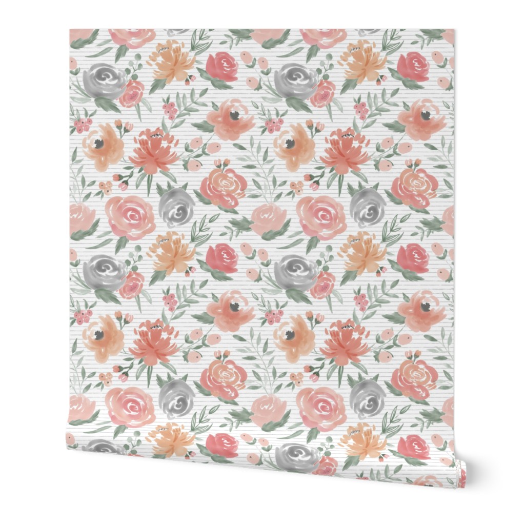 Soft Watercolor Floral on Gray Stripes