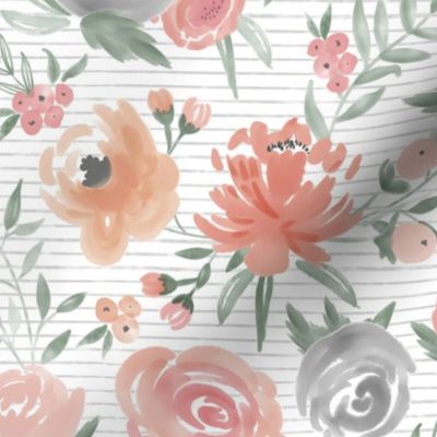 Soft Watercolor Floral on Gray Stripes