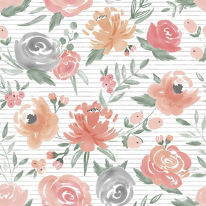 Soft Watercolor Floral on Gray Stripes