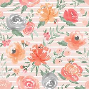 "Sunset" Floral on Soft Pink w/ White Stripes