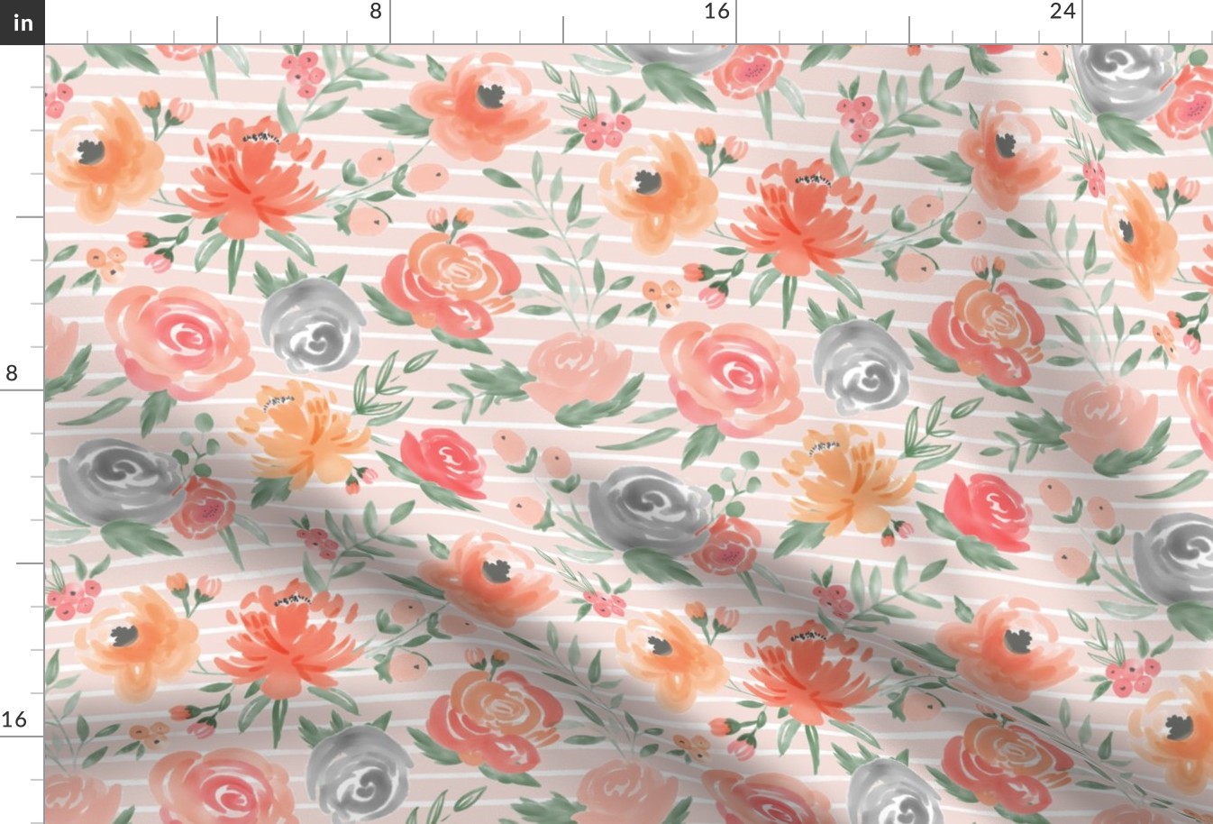 "Sunset" Floral on Soft Pink w/ White Stripes