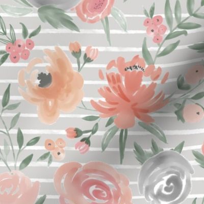 "Soft Watercolor" Floral on Light Gray w/ White Stripes