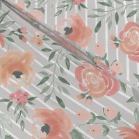 "Soft Watercolor" Floral on Light Gray w/ White Stripes