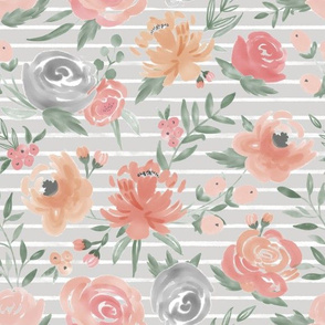 "Soft Watercolor" Floral on Light Gray w/ White Stripes