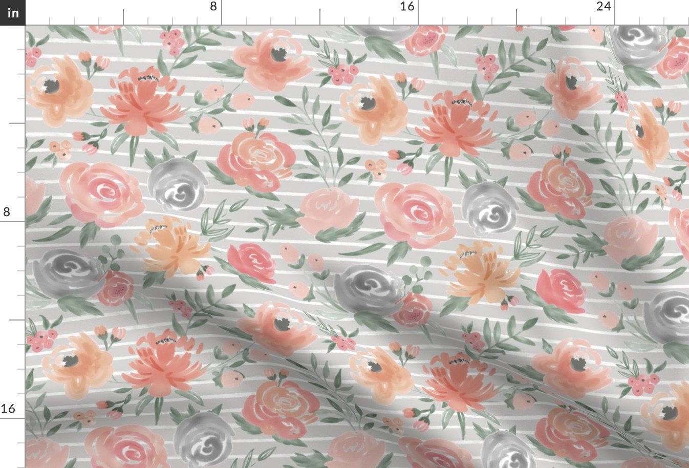 "Soft Watercolor" Floral on Light Gray w/ White Stripes