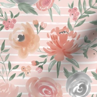"Soft Watercolor" Floral on Soft Pink w/ White Stripes