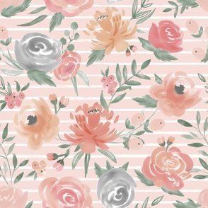 "Soft Watercolor" Floral on Soft Pink w/ White Stripes