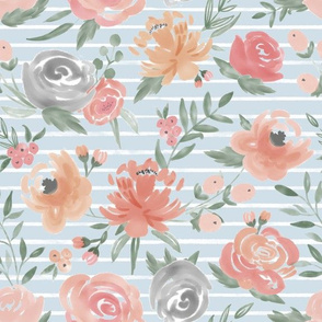 "Soft" Watercolor Floral on Light Blue w/ White Stripes