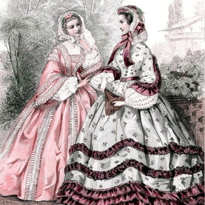 pink red victorian bonnets hats beautiful young woman lady flowers floral lace bows gowns 19th century ruffles flowers floral trees garden houses puffy sleeves  romantic beauty vintage antique elegant gothic lolita egl layered crinoline puffy skirts doll 