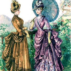victorian edwardian  feather hats green parasol umbrella purple brown gown trees leaves floral flowers beautiful young woman lady bustle 19th  20th century hills mountains gardens beauty vintage antique elegant gothic lolita egl  shabby chic romantic     