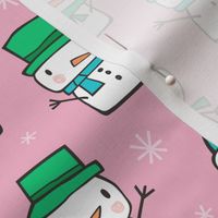 Winter Christmas Snowman & Snowflakes Blue Green on Pink