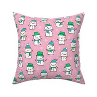 Winter Christmas Snowman & Snowflakes Blue Green on Pink