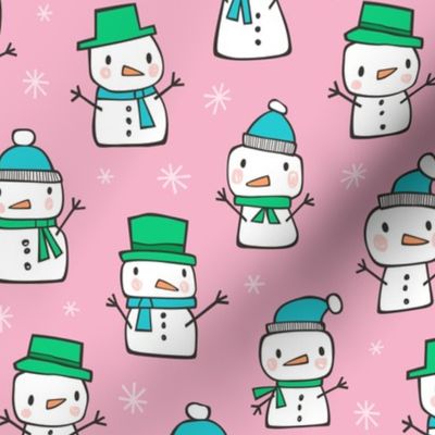 Winter Christmas Snowman & Snowflakes Blue Green on Pink