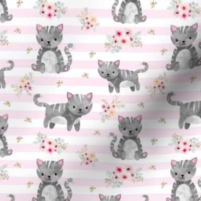 Grey Tabby Kitten Floral - pink stripes