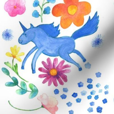 Blue Unicorn  and Flowers