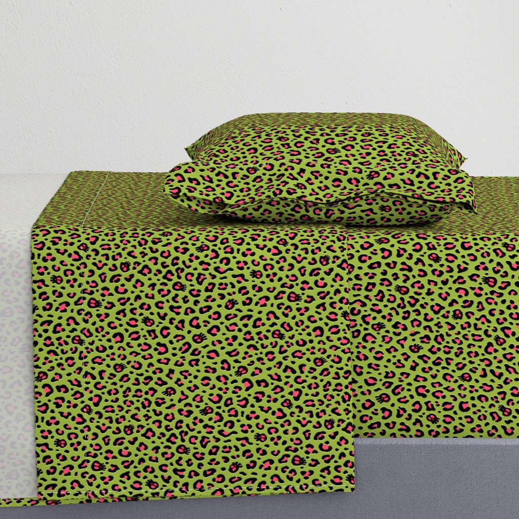 ★ SKULLS x LEOPARD ★ Lime Green and Pink - Small Scale / Collection : Leopard Spots variations – Punk Rock Animal Prints 3