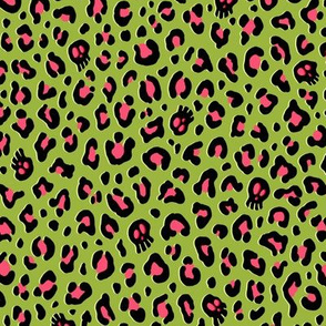 ★ SKULLS x LEOPARD ★ Lime Green and Pink - Small Scale / Collection : Leopard Spots variations – Punk Rock Animal Prints 3