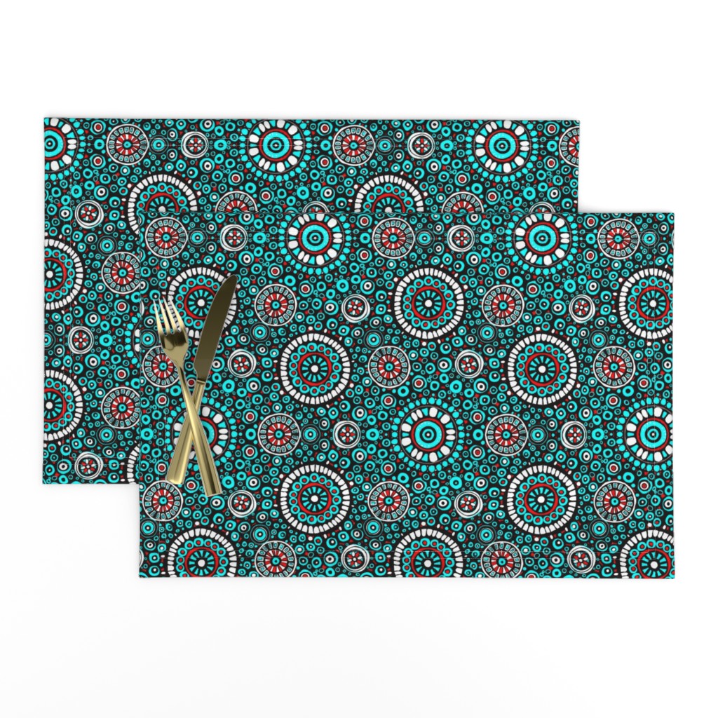 cootie shot, circles and dots in turquoise and red