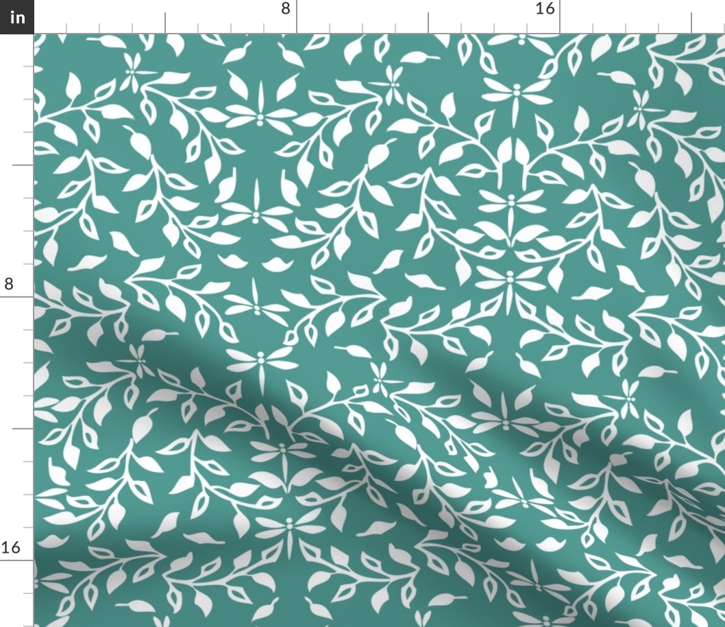  Leafy Field Arts & Crafts style fabric - white & soft-green with dragonflies