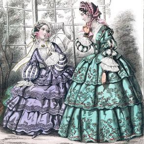 pink victorian bonnets hats beautiful young woman lady flowers floral roses lace bows purple peppermint green gowns 19th century applique parasols puffy sleeves trees garden romantic beauty vintage antique elegant gothic lolita egl layered crinoline puffy