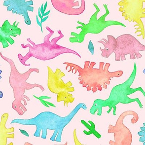 Ditsy Dinos in Summer Pop Colors on Blush Pink - large