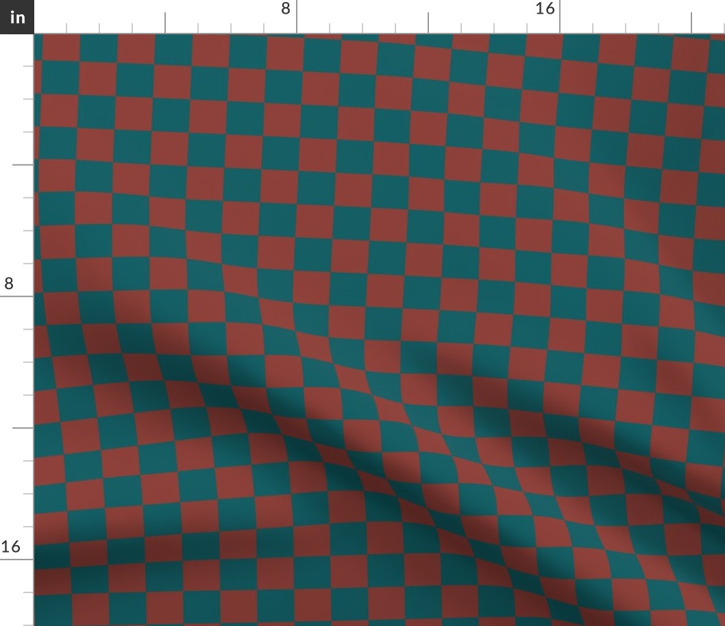 JP14 - Large -  Checkerboard of One Inch Squares in Rust and Turquoise