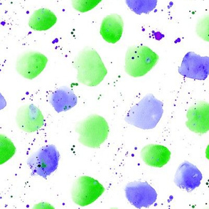 Green and blue watercolor stains with splatters || polka dot pattern for nursery