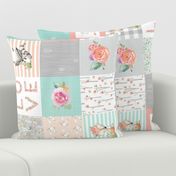 LOVE Baby Girl Quilt Top (rotated) - I Love You a Bushel and a Peck - Woodland Baby Girl Blanket Gray Mint Peach
