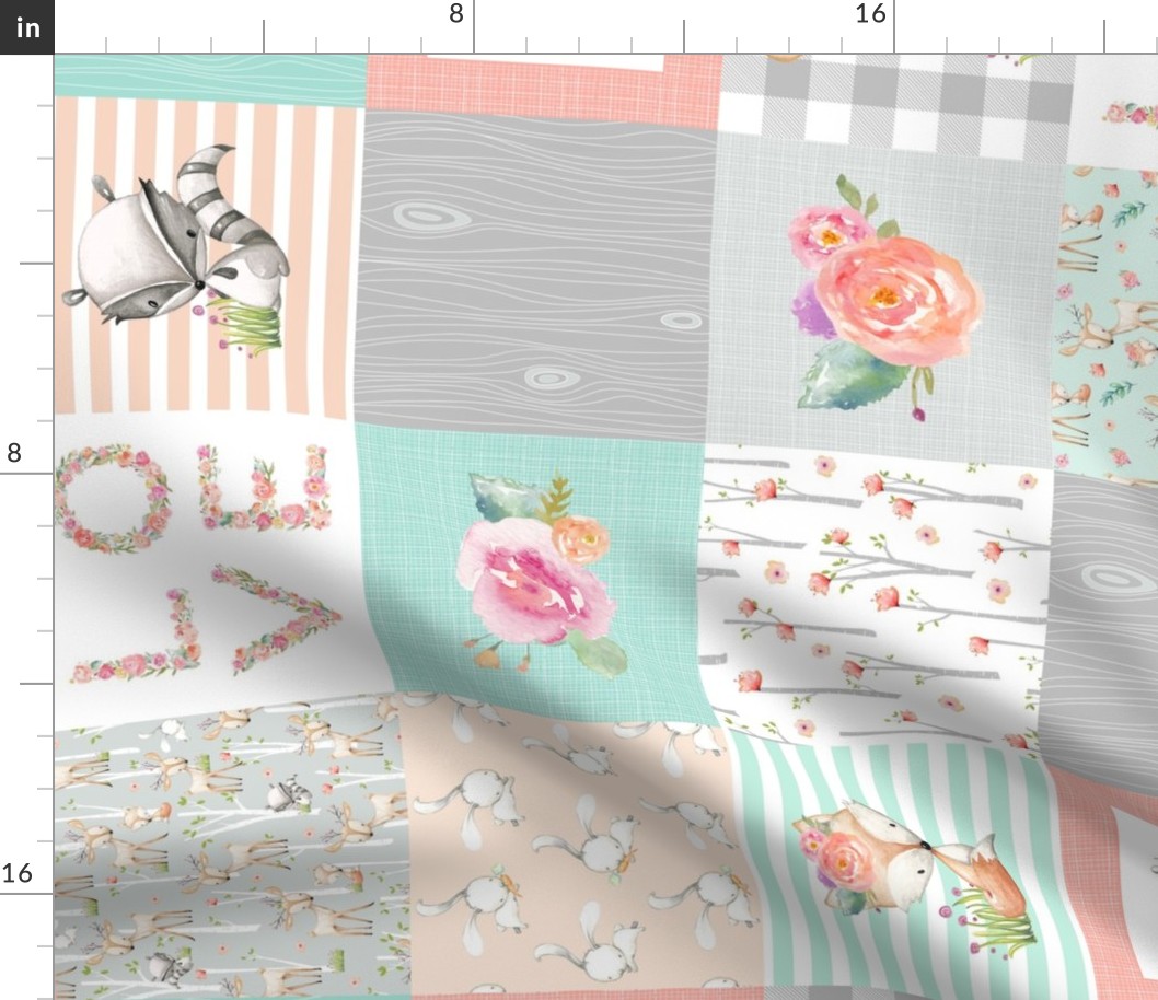 LOVE Baby Girl Quilt Top (rotated) - I Love You a Bushel and a Peck - Woodland Baby Girl Blanket Gray Mint Peach