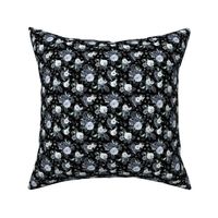 4" Navy Black and White Florals - Black