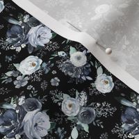 4" Navy Black and White Florals - Black