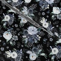 8" Navy Black and White Florals - Black