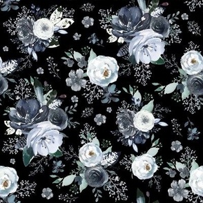 8" Navy Black and White Florals - Black