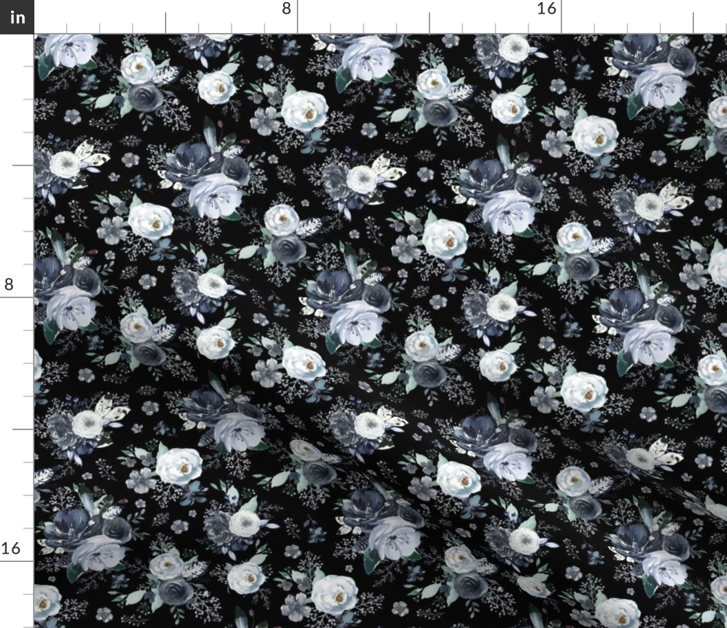 8" Navy Black and White Florals - Black
